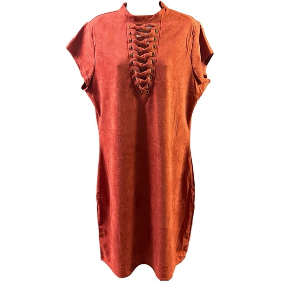 Ashley Stewart Dress Plus SZ 18/20 Burnt Orange Lace Detailing Keyhole Chic Boho - Picture 2 of 8